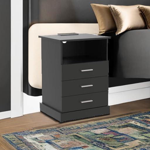 Afuhokles Black LED Nightstand with Charging Station, Night Stand 3 Drawers with Open Storage, Side Table with USB Ports and Outlets