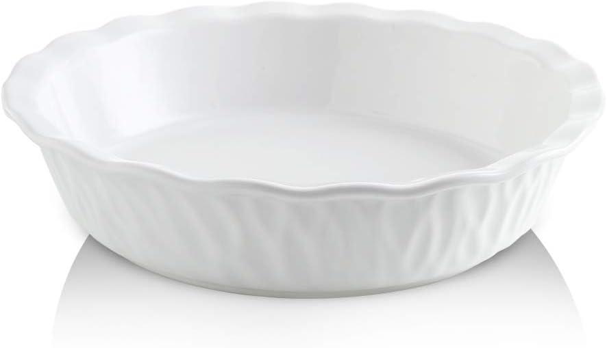KOOV Ceramic Pie Pan, 10 Inches Pie Dish, Pie Plate for Dessert Kitchen, Round Baking Dish Pan for Dinner, Texture Series (White)