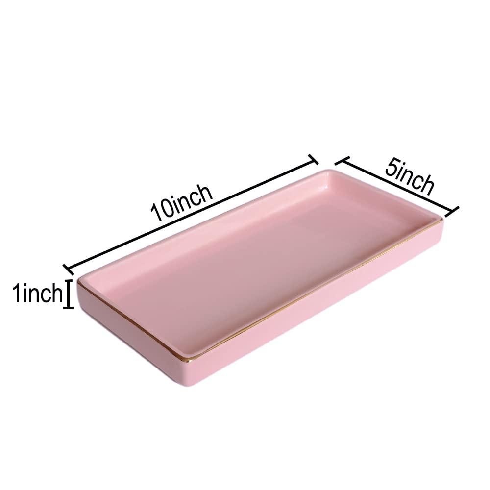 10 x 5 Ceramic Bathroom Tray for Countertop, Decorative Vanity Tray for Dresser Tops, Small Rectangular Trays for Perfume, Candle, Jewelry, Cosmetics (Pink)