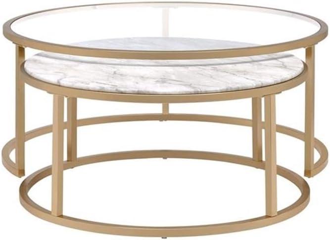 Metal Framed Nesting Coffee Tables with Glass and Marble Tops Set of Two Gold - Saltoro Sherpi