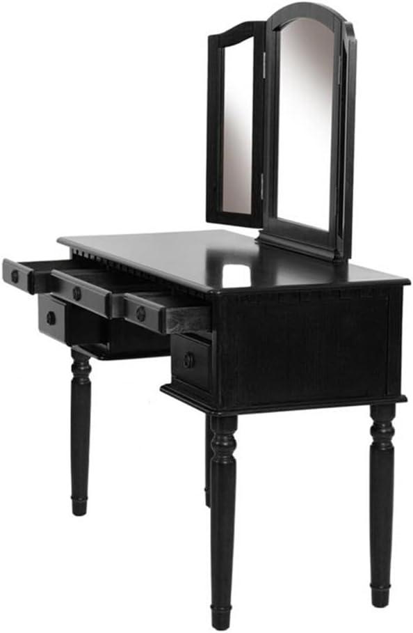 Bobkona St. Croix 3 Fold Mirror Vanity Table with Stool Set, Black