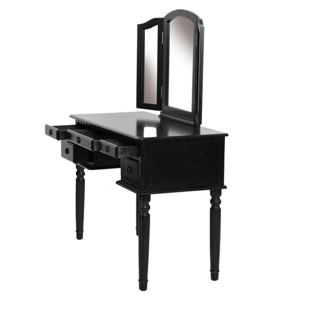 Bobkona St. Croix 3 Fold Mirror Vanity Table with Stool Set, Black
