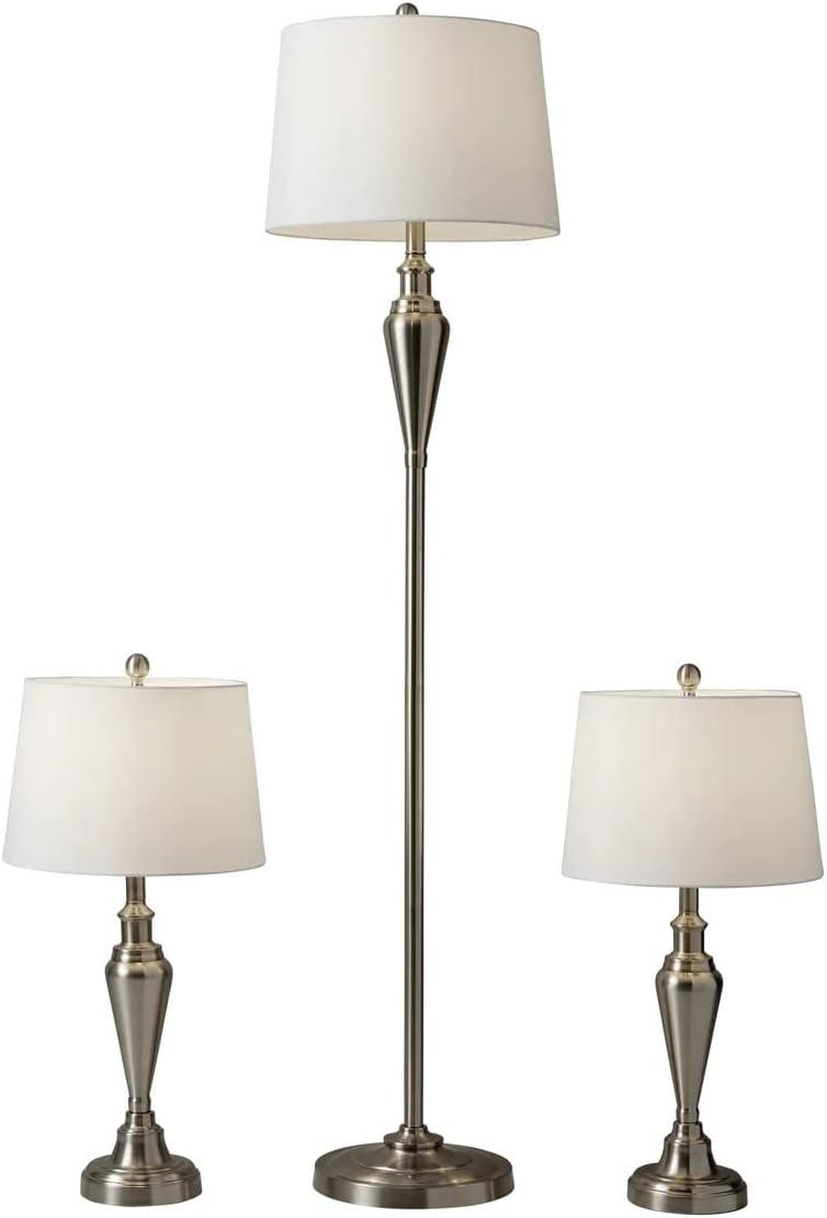 (Set of 3) Glendale Lamp Set Brushed Steel - Adesso: Antique Brass Finish, Polyester Shades, UL Listed