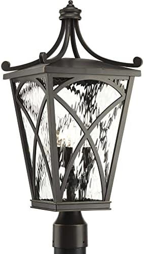 Progress Lighting, Cadence, 3-Light Post Lantern, Oil Rubbed Bronze, Clear Water Glass Panels, Mediterranean Style