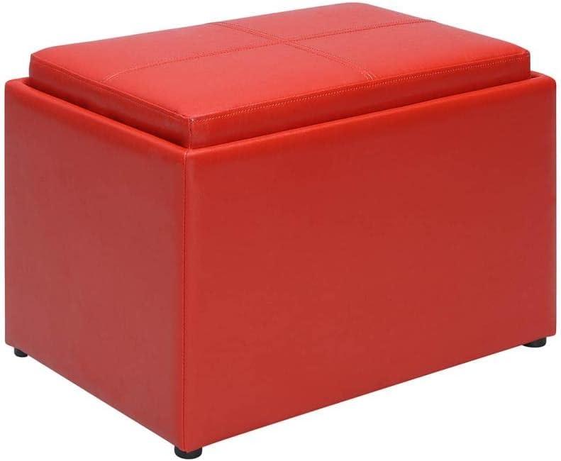 Versatile Bright Red Faux Leather Ottoman with Reversible Tray