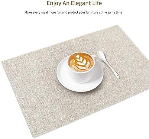 Set of 8 Heat-Resistant Placemats Stain Resistant Anti-Skid Placemats for Kitchen Table, Washable Durable PVC Table Mats Woven Vinyl Placemats Beige