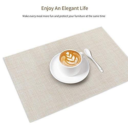 Set of 8 Heat-Resistant Placemats Stain Resistant Anti-Skid Placemats for Kitchen Table, Washable Durable PVC Table Mats Woven Vinyl Placemats Beige