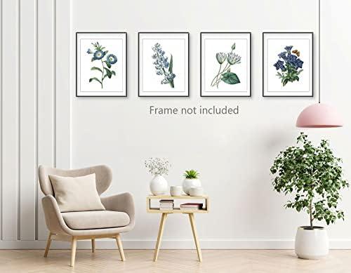 Blue Flower Canvas Wall Art Print, Vintage Floral Botanical Decor Antique Botany Poster, Blue Tone Morning Glory Water Lily Hyacinth Gentian Decorate for Office, Set of 4 ,8 X 10 In Unframed