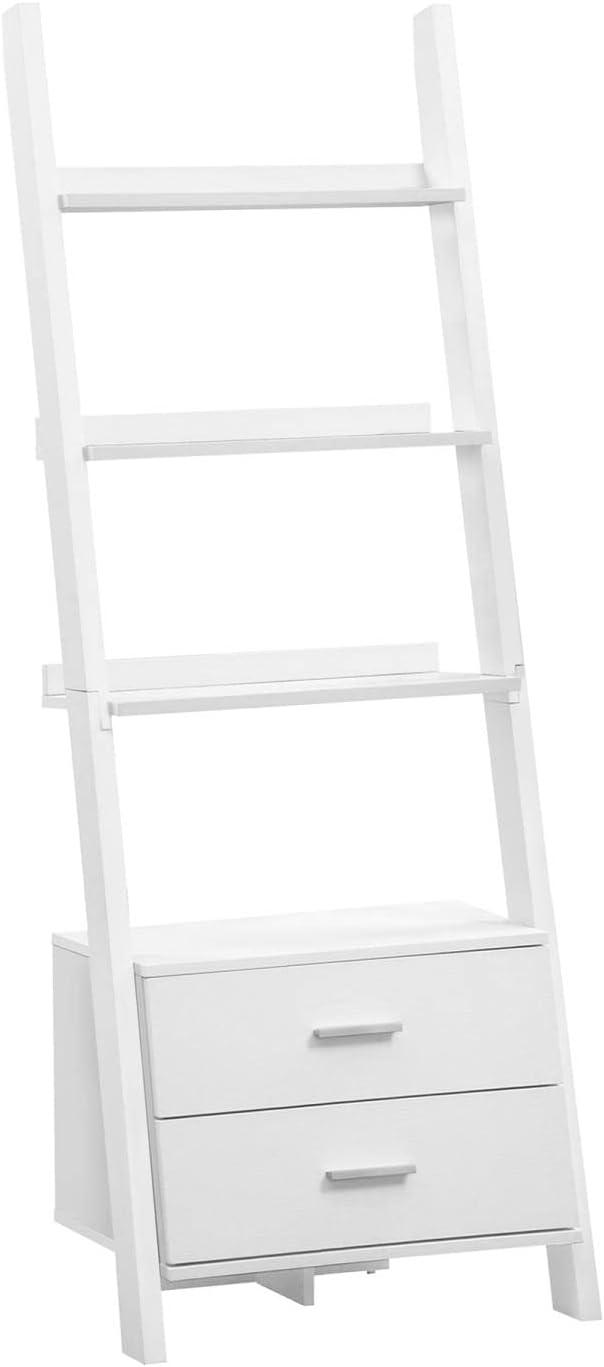 Contemporary White Wood Ladder Bookshelf with Storage Drawers