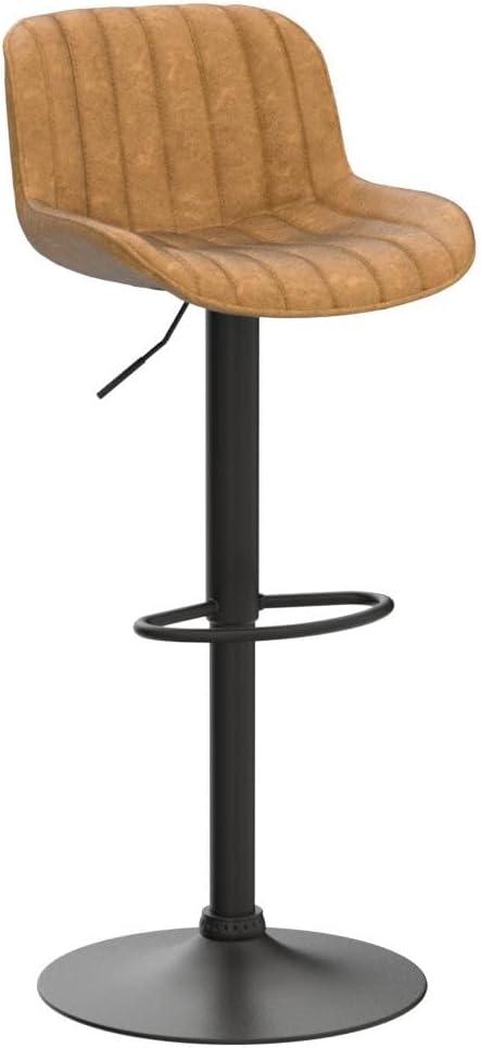 Cognac Faux Leather Adjustable Swivel Bar Stools with Black Base, Set of 2