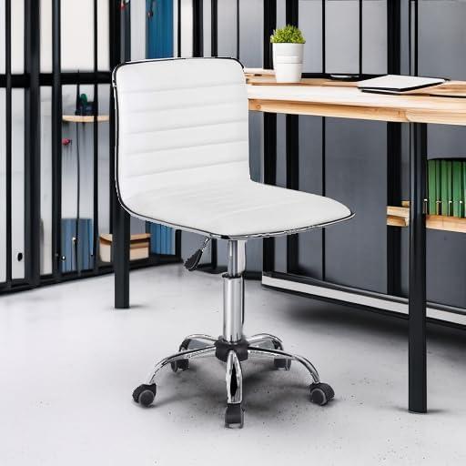 White Leather Armless Swivel Task Chair with Chrome Base