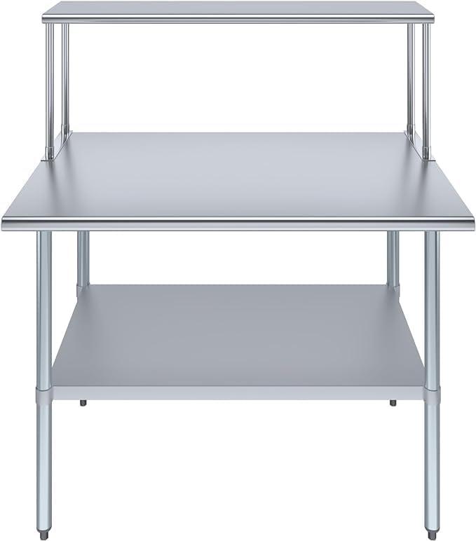 Stainless Steel Kitchen Work Table with Overshelf and Lower Shelf