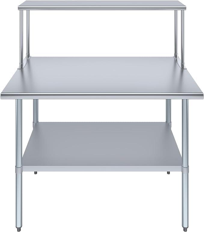 Stainless Steel Work Table with Wide Single Tier Overshelf | Metal Kitchen Prep Table & Shelving Combo (30" x 48" Work Table + 12" Overshelf)