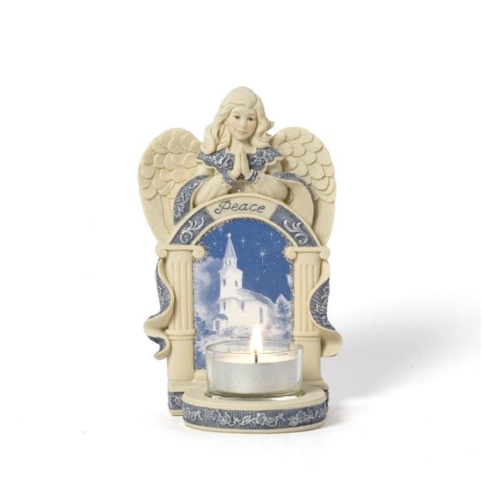 Pavilion Gift Company Angel w/Church Scene Figurine, Off-White, Blue