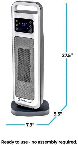 Comfort Zone 26" Oscillating Digital Tower Heater with Remote Control for Indoor Use, Adjustable Thermostat, Timer, Overheat Protection, Tip-Over Switch, Ideal for Home, Bedroom, & Office, HT1206-WHT