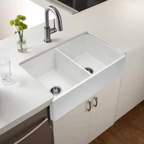 33'' White Fireclay Double Bowl Farmhouse Sink