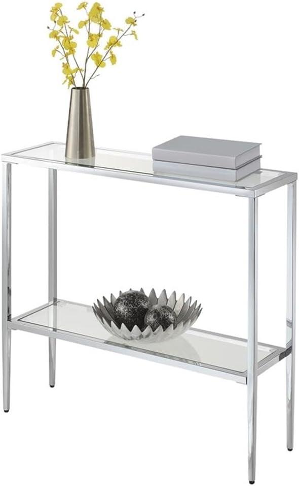 Nadia Chrome Metal Entryway Hall Table with Glass Shelf and Top