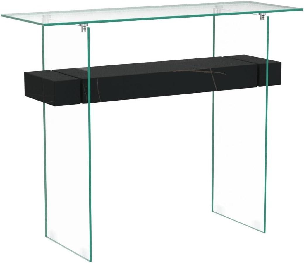 Sleek Dark Brown Glass-Top Console Table with Storage, 39.4"