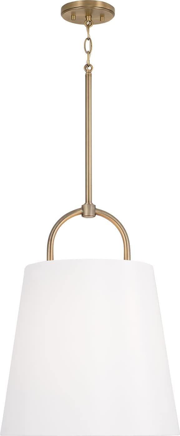 Aged Brass Pendant Light with White Fabric Shade