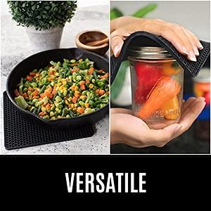 HOMWE Silicone Oven Mitts and Pot Holders, 4-Piece Set, Heavy Duty Cooking Gloves, Kitchen Counter Safe Trivet Mats, Advanced Heat Resistance, Non-Slip Textured Grip (Red)