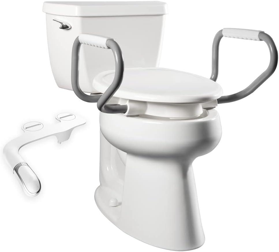 Bemis Assurance 3" Raised Toilet Seat with Handles and Bidet Attachment, Secure Hinges, Elongated, White 7YE85320H20 ARM