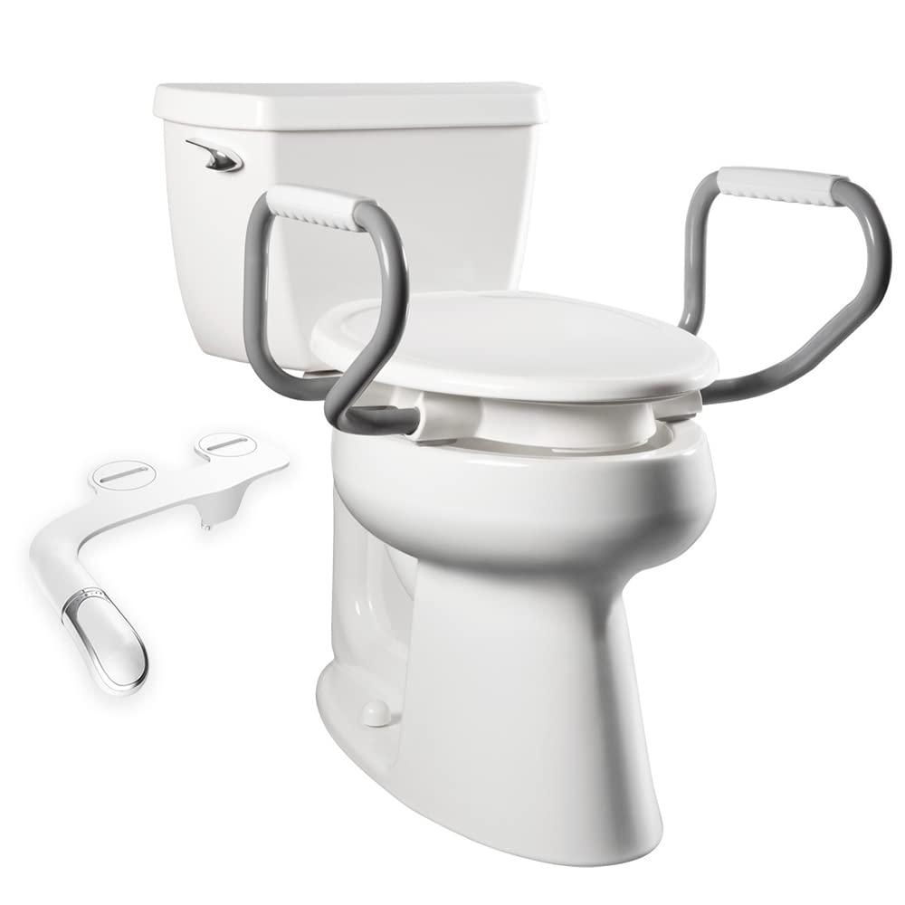 Bemis Assurance 3" Raised Toilet Seat with Handles and Bidet Attachment, Secure Hinges, Elongated, White 7YE85320H20 ARM