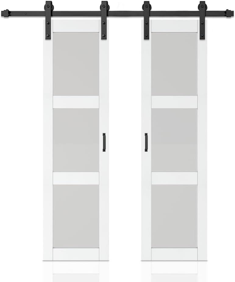Calhome 3-Lite Tempered Frosted Glass White Finished Composite Double Sliding Barn Door with Hardware Kit Handle
