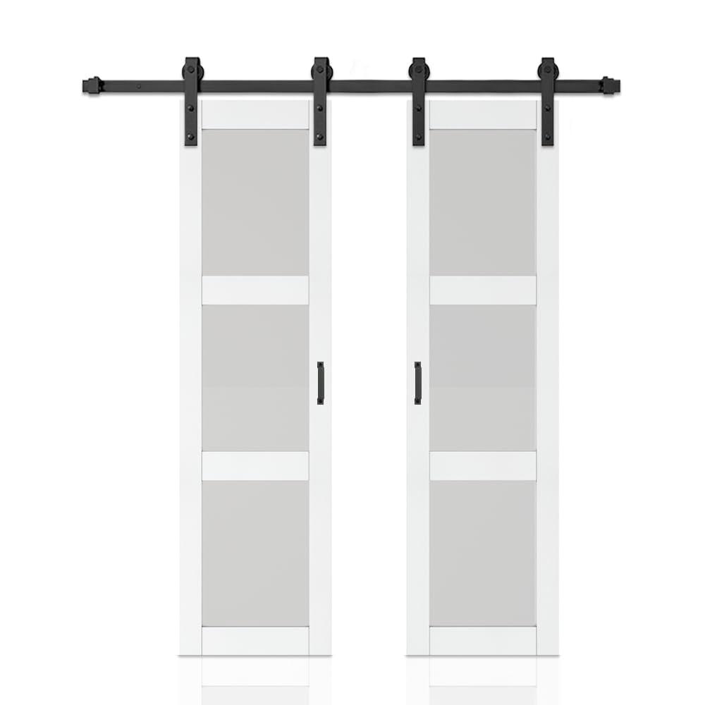 Calhome 3-Lite Tempered Frosted Glass White Finished Composite Double Sliding Barn Door with Hardware Kit Handle