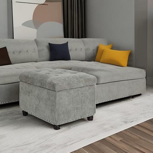 Light Grey Tufted Fabric Storage Ottoman Bench with Nailhead Trim