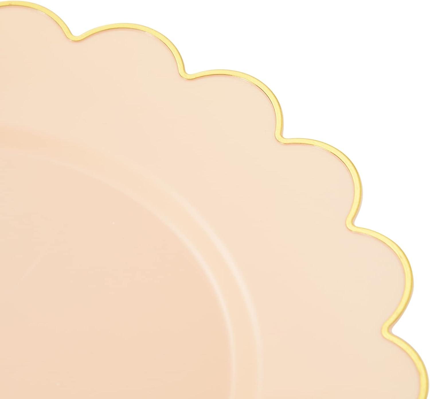 BLUE PANDA 50 Pack Ivory Pink Plastic Plates for Party, 9 Inch Disposable for Party Supplies, Wedding, Gold Foil Scalloped Edges - Scalloped Plates