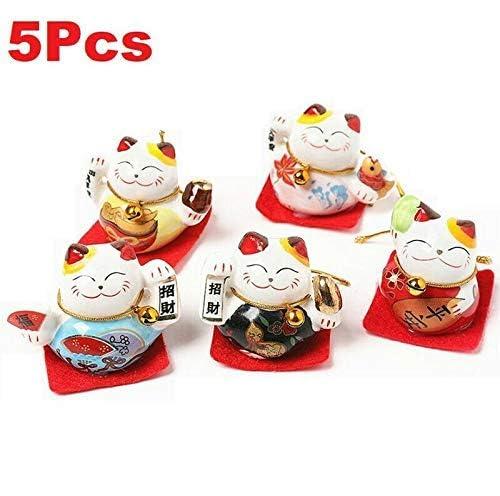 EatingBiting Set of 5 Japanese Ceramics Maneki Neko Lucky Cat Figurines Waving Upright Fortune Cat Figurines Cute Smiley Waving Upright Lucky Fortune