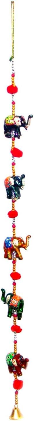 Rastogi Handicrafts Decorative Hanging Five Hand Painted Multi Color Resin Elephant with Beads and Brass Bell Size-76 cm