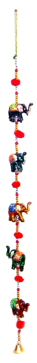 Rastogi Handicrafts Decorative Hanging Five Hand Painted Multi Color Resin Elephant with Beads and Brass Bell Size-76 cm