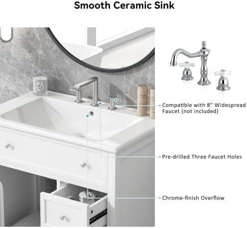 30" White Solid Wood Freestanding Bathroom Vanity with Ceramic Sink