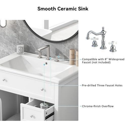 30" White Bathroom Vanity with Single Sink Combo, Modern Undermount Bathroom Sink Cabinet with 2 Drawers and a Tip-Out Drawer, Freestanding Bathroom Vanities, Soft Closing, Solid Wood Frame (New II)