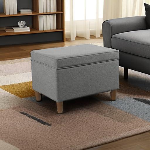 Gray Woven Fabric Storage Ottoman with Wooden Legs