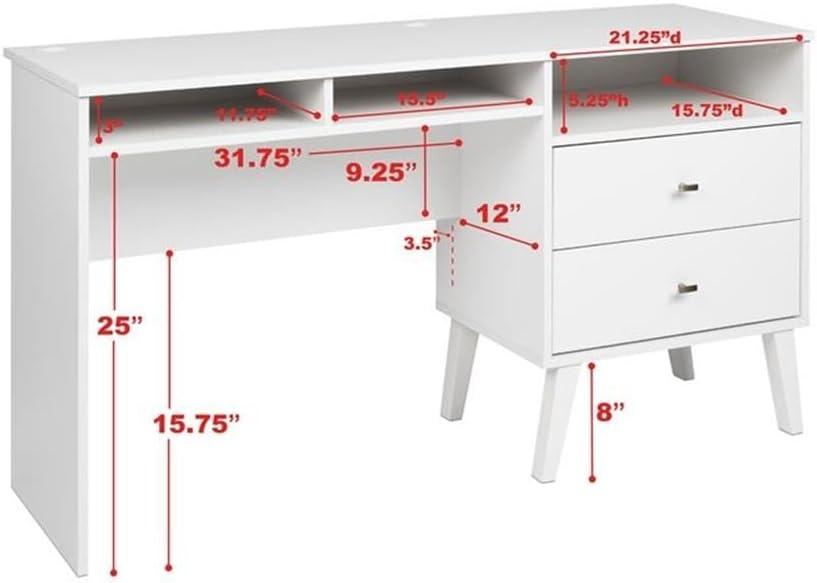 Milo Computer Desk with Side Storage and 2 Drawers White - Prepac: Mid-Century Modern, Wire Management