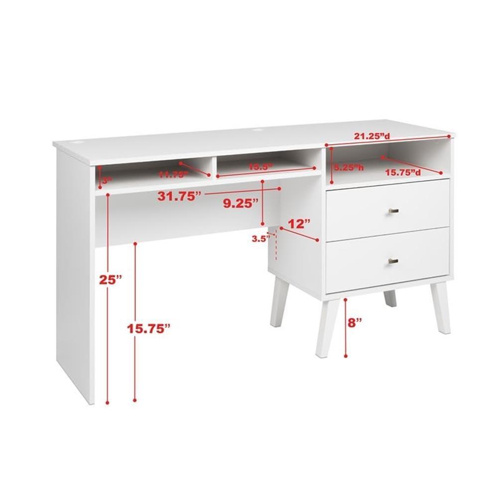 Milo Computer Desk with Side Storage and 2 Drawers White - Prepac: Mid-Century Modern, Wire Management