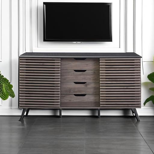 Walker Edison Modern Sliding Slat Door Sideboard, Ebony and Slate Grey