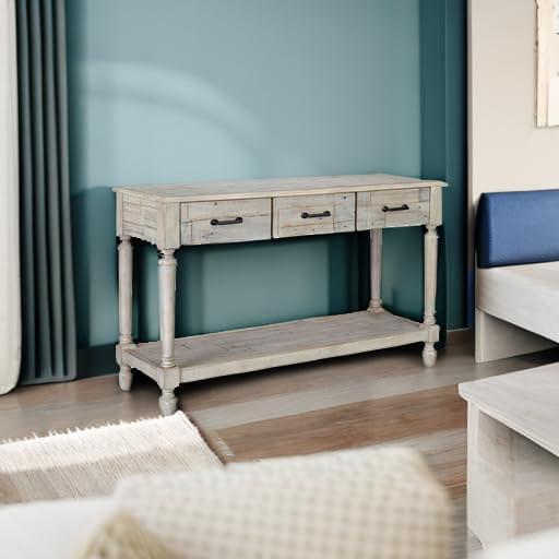 Shawnalore Sofa/Console Table Whitewash - Signature Design by Ashley: Pine Wood, Farmhouse Style, with Drawers & Shelf