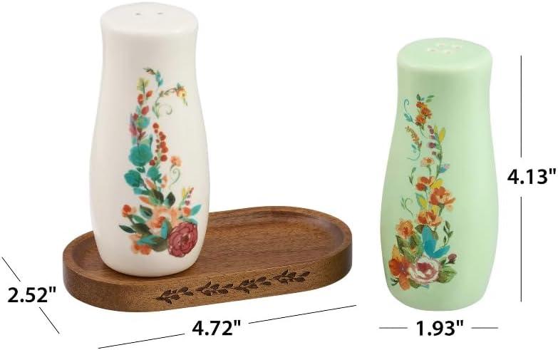 The Pioneer Woman Painted Meadow 3 Pieces Salt & Pepper Shakers with Acacia Wood Tray Set