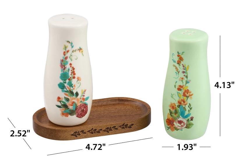 The Pioneer Woman Painted Meadow 3 Pieces Salt & Pepper Shakers with Acacia Wood Tray Set