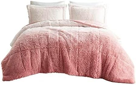 Intelligent Design King/Cal King Shaggy Faux Comforter Set, Long Fur Wave Spring Comforter Bedding Set, 3-Piece Striped Ombre Design Warm Bed Set, Blush
