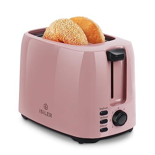 iSiLER 2 Slice Toaster, 1.3 Inches Wide Slot Bagel Toaster with 7 Shade Settings and Double Side Baking, Removable Crumb Tray, Defrost Cancel Function Pink