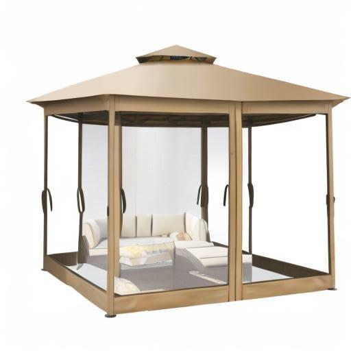 HOTEEL 10x20 Gazebo on Clearance, Outdoor Gazebo Tent with Mosquito Netting and Ventilated Double Flat Roof, Easy Set up Canopy Tent with Stable Metal Frame for Patio, Khaki (Upgraded 2.0)