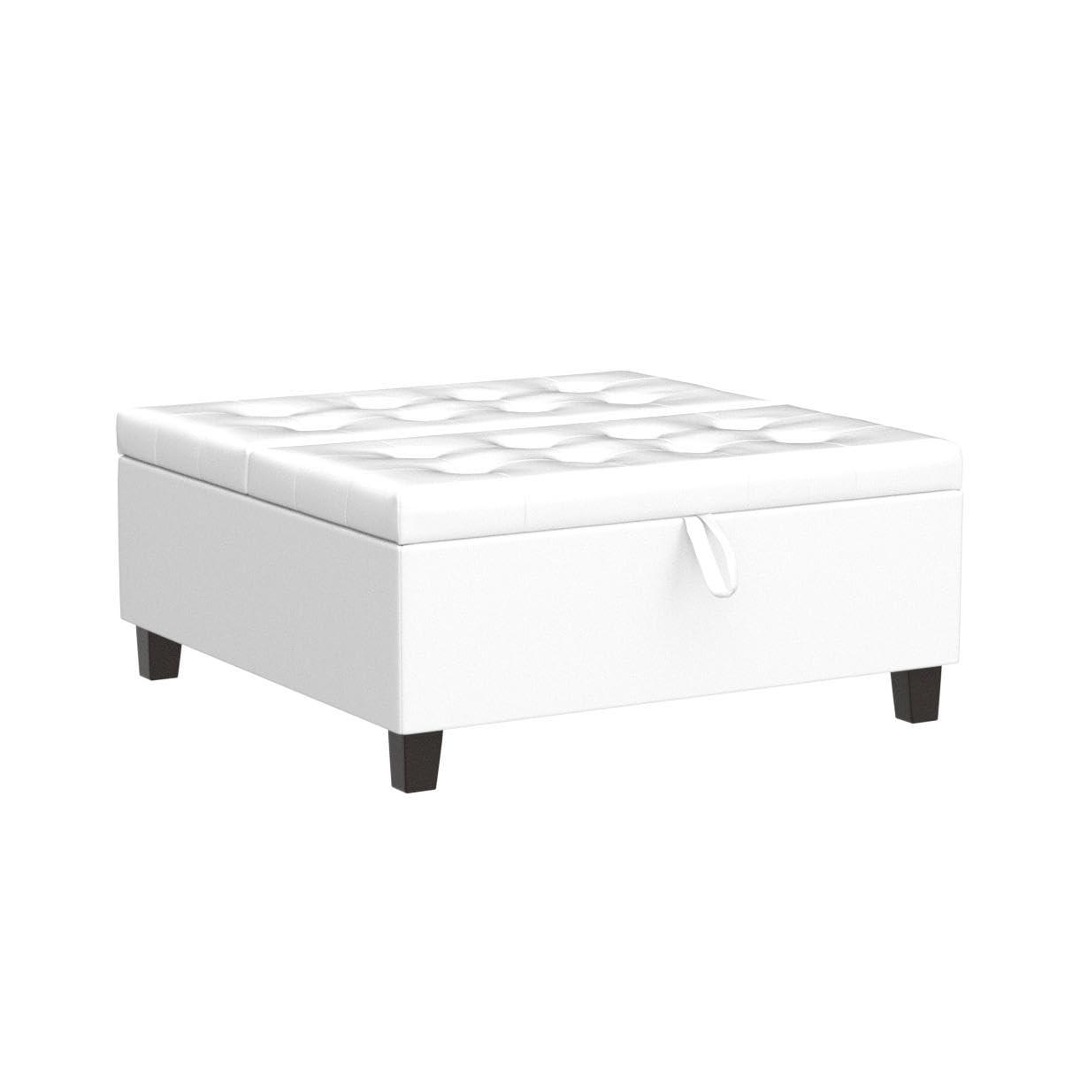 Ciara White Tufted Leather Lift-Top Storage Ottoman
