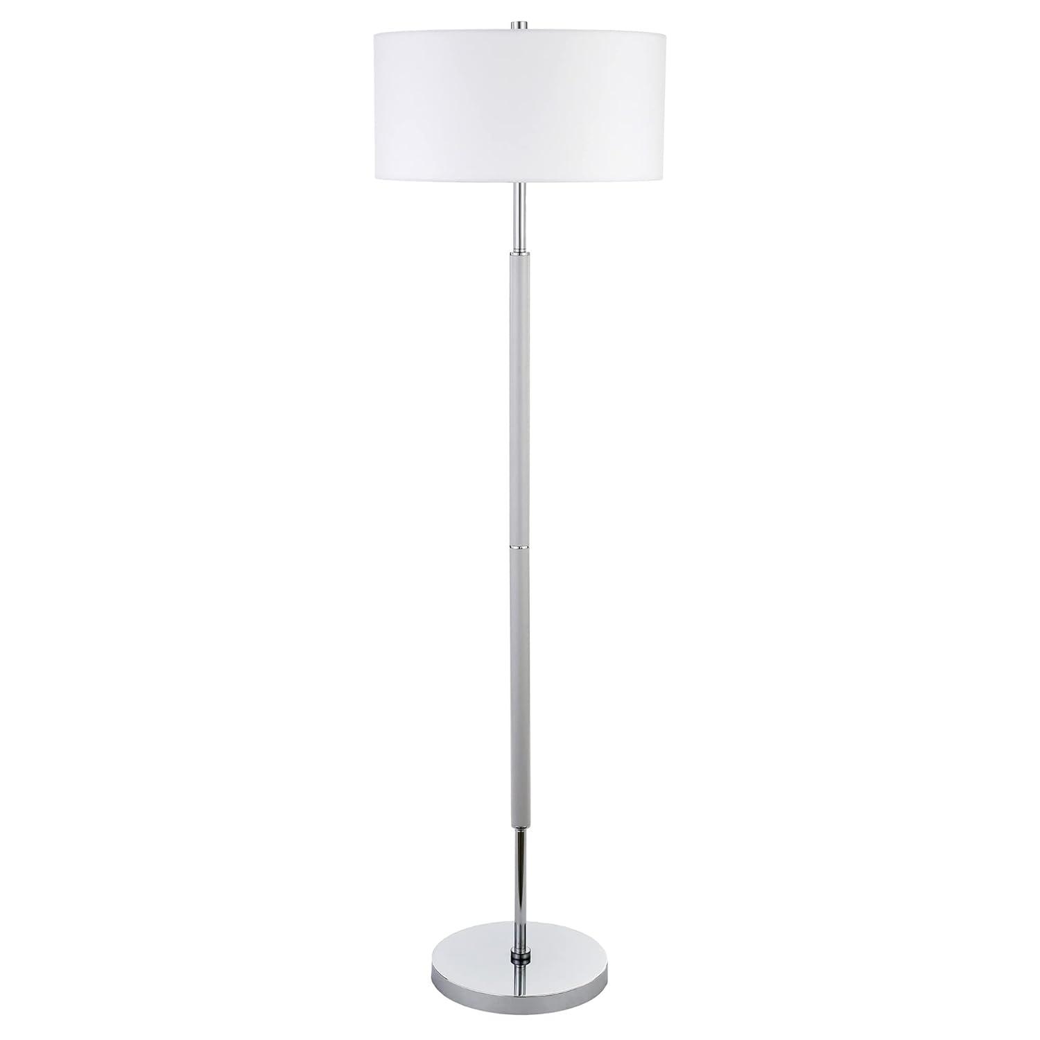 Evelyn&Zoe Simone 2-Light Floor Lamp with Fabric Shade, Rustic Oak/Polished Nickel/White