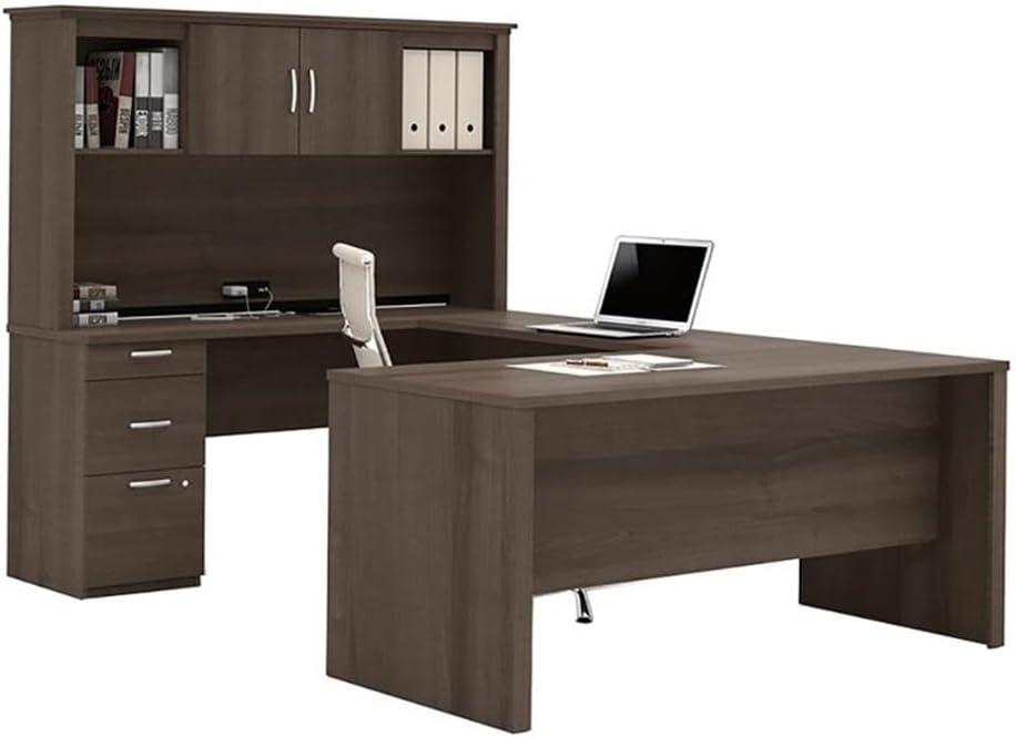 Atlin Designs Contemporary 4 PC Wood U-Shaped Desk with Hutch in Mahogany