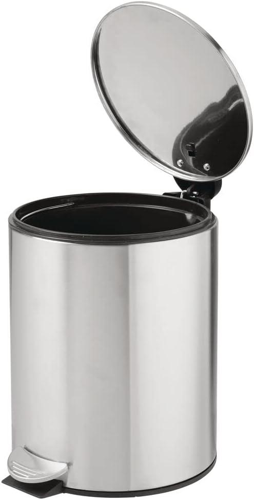 mDesign Round Metal 1.3 Gal Step Trash Can, Lid, Removable Liner, Brushed/Chrome