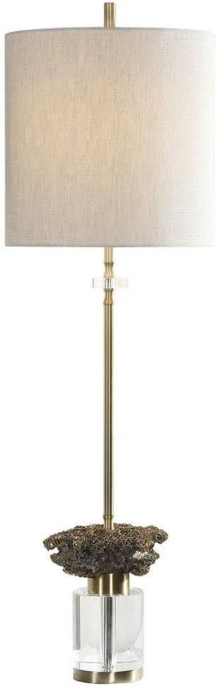 Uttermost Modern Buffet Table Lamp 34" Tall Brushed Brass Crystal Oatmeal Linen Drum Shade for Living Room Bedroom House Dining